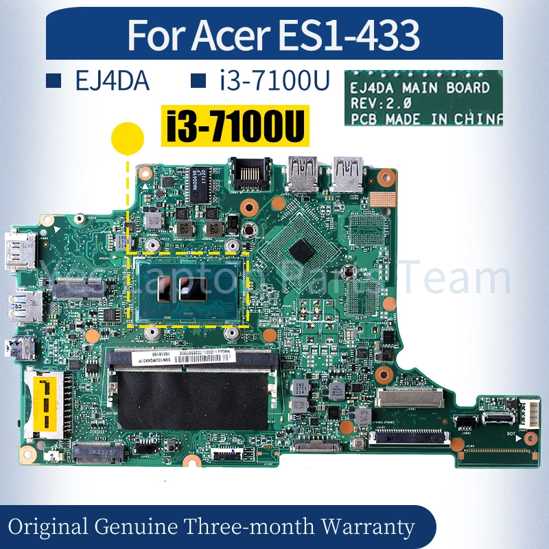 EJ4DA For ACER Aspire ES1-433 ES1-433G Laptop Mainboard NBGLL11006 i3-7100U With RAM Notebook Motherboard