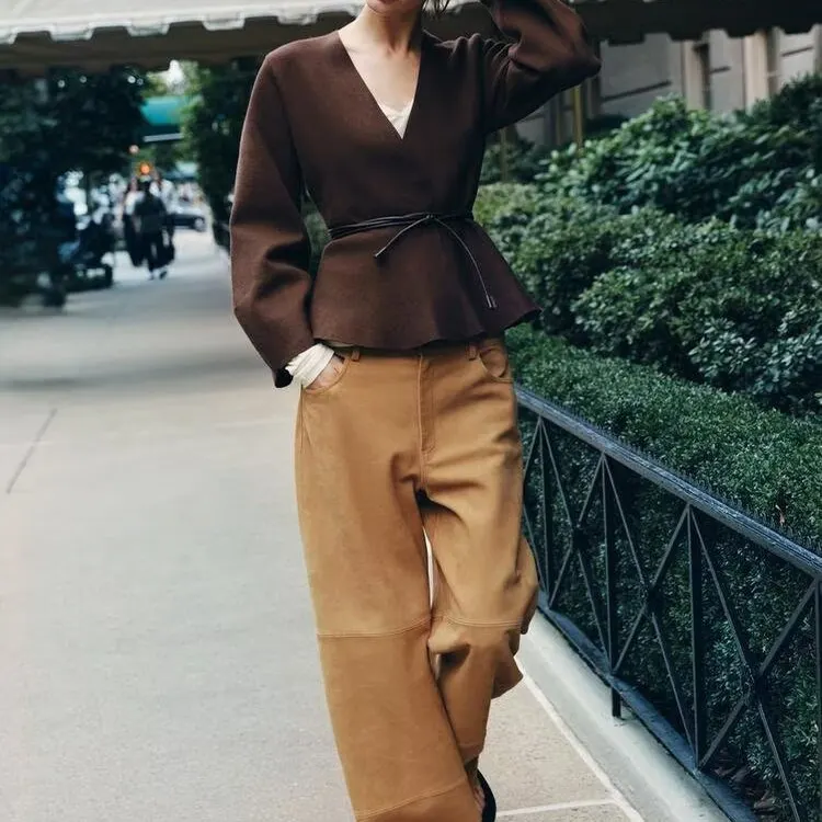 

Autumn Winter New Women's Straight Cut Commute Sle Pure Color Polyester Fiber Coat Knitted Long Sve V-Ne Coat with Belt