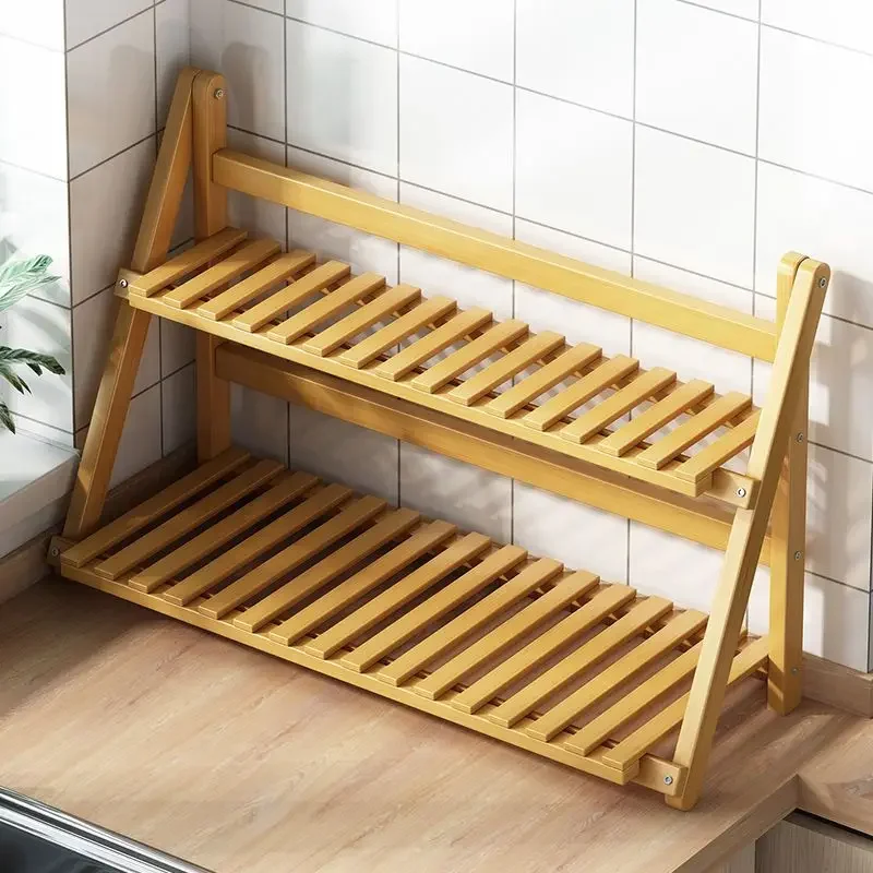 Multi Functional Desktop Folding Storage Rack Kitchen Seasoning Two-layer Storage Rack Bamboo Tabletop Storage  Seasoning Rack