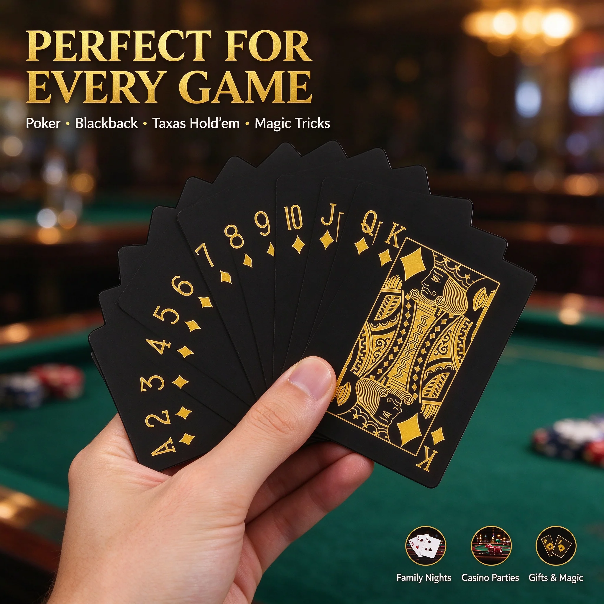 Black Playing Cards with Gold Foil, Pvc Waterproof, Anti-Fold, Thickened Wide Cards, Texas Hold'Em Casino Exclusive High-End Black Gold Foil Playing Cards, Waterproof Plastic Cards, Wear-Resistant and Fold-Resistant, A