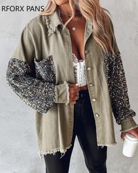 Women Denim Jackets & Coats Contrast Sequin Raw Hem Shacket