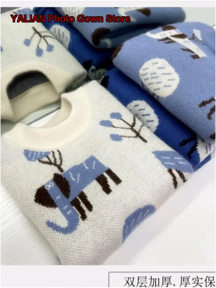 Boys Pullover Sweater Kids Autumn Winter Round Neck Knit Sweater Cashmere Warm Base Layer Top Older Kids