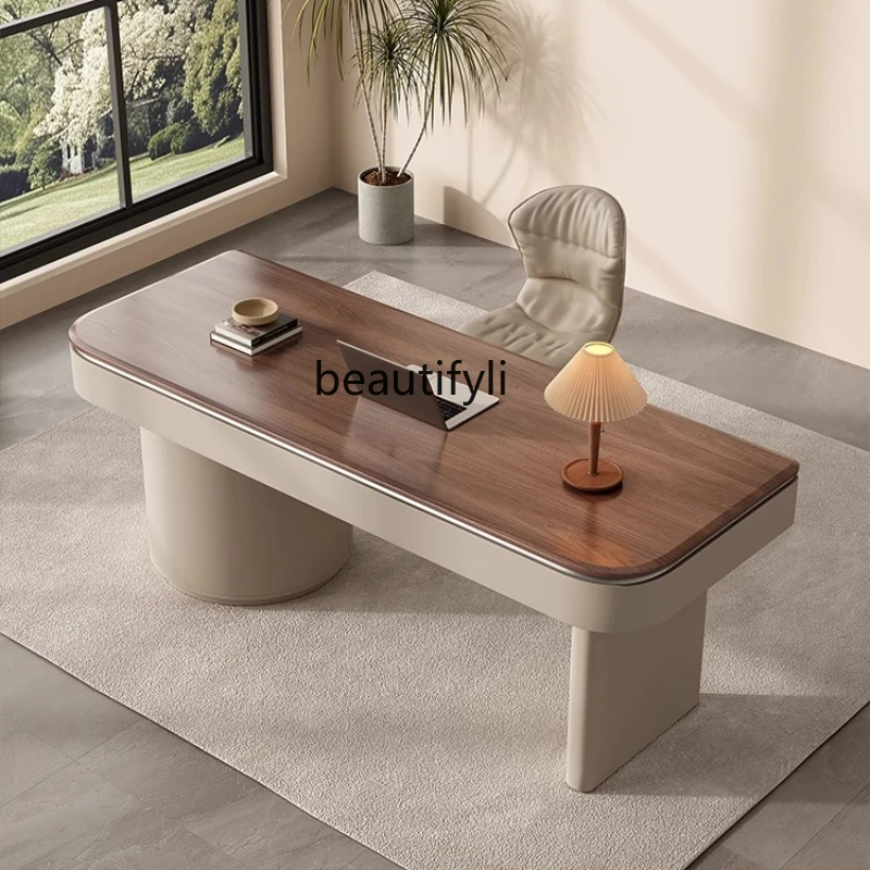 

Retro cream style solid wood desk light luxury high sense, walnut veneer office computer desk