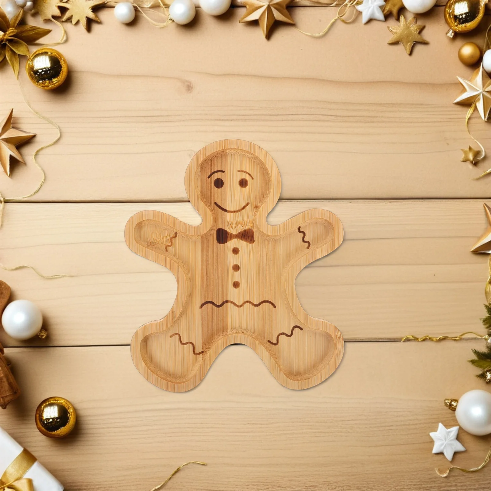 2Pcs Bamboo Gingerbread Man Serving Tray Festive Holiday Platter for Cookies Cheese Snacks Christmas Table Decor