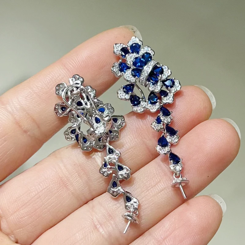 MeiBaPJ 10-11mm Natural White Rice Pearls Blue Stones Bow Drop Earrings 925 Silver Empty Tray Fine Wedding Jewelry for Women