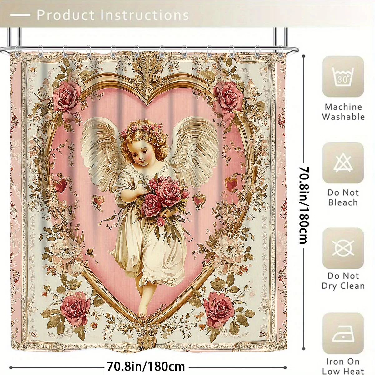 1pc Shower Curtain - Vintage Angel with Roses in Heart Frame Design Waterproof