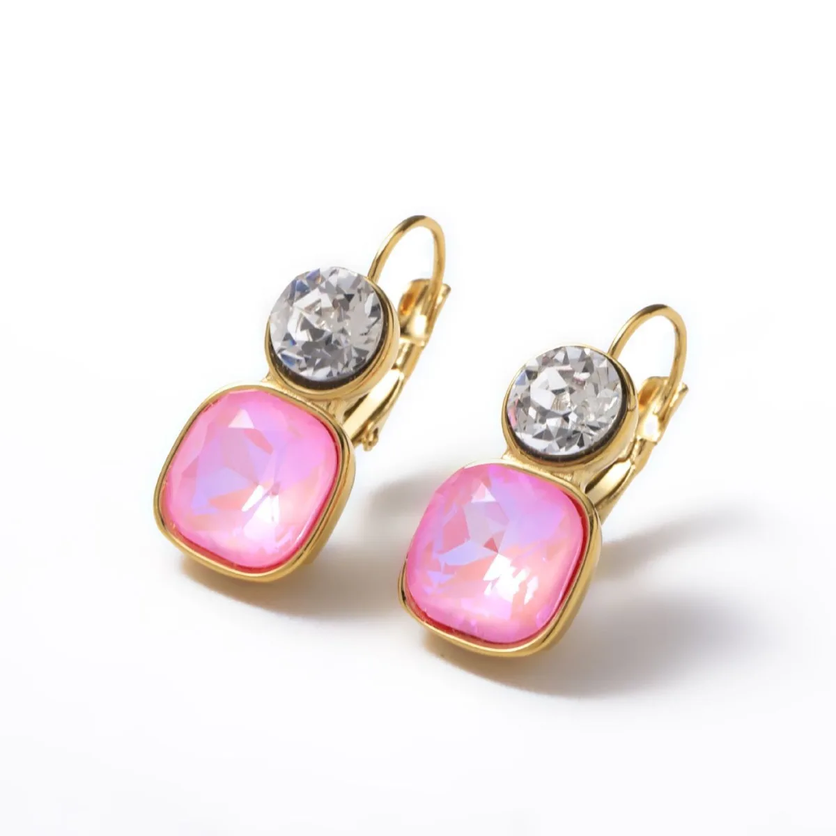 CARLIDANA 18K Gold Plated Stainless Steel Square Shaped Colorful Pink Crystal Stone Stud Dangle Earrings for Women Jewelry