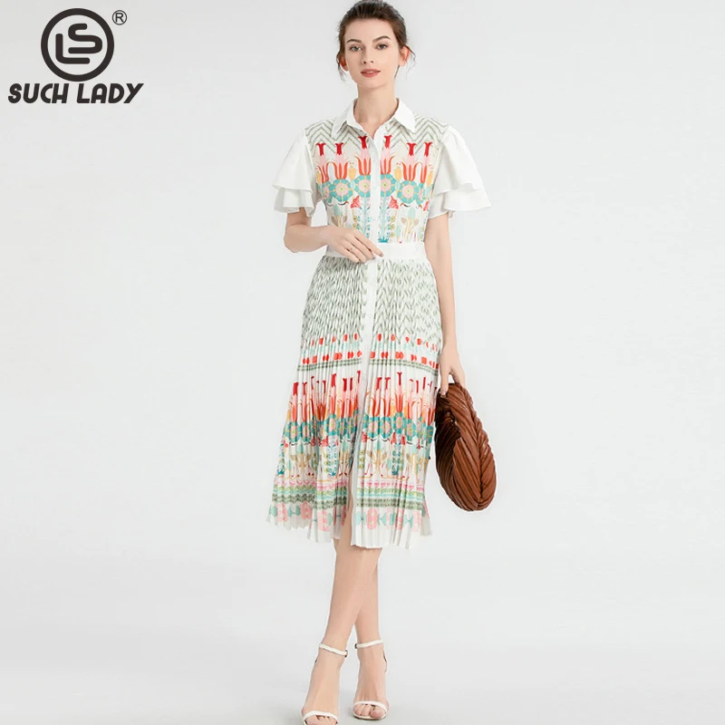 

Women's Runway Dress Turn Down Collar Short Sleeves Floral Printed Pleated Fashion High Street Designer Summer Dresses Vetidos