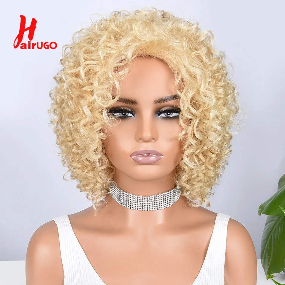 

613# Curly Human Hair Wigs For Women Remy Blonde Blonde Color Pixie Cut Human Hair Wigs Blonde Machine Made Wigs Curly Pixie Wig