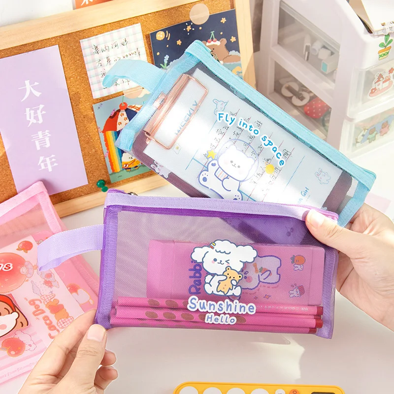 만화 메쉬 지퍼 휴대용 연필 가방, 학생용, 인스 소녀, 하트 보관 학습 튜토리얼 가방, 대용량 파일 가방