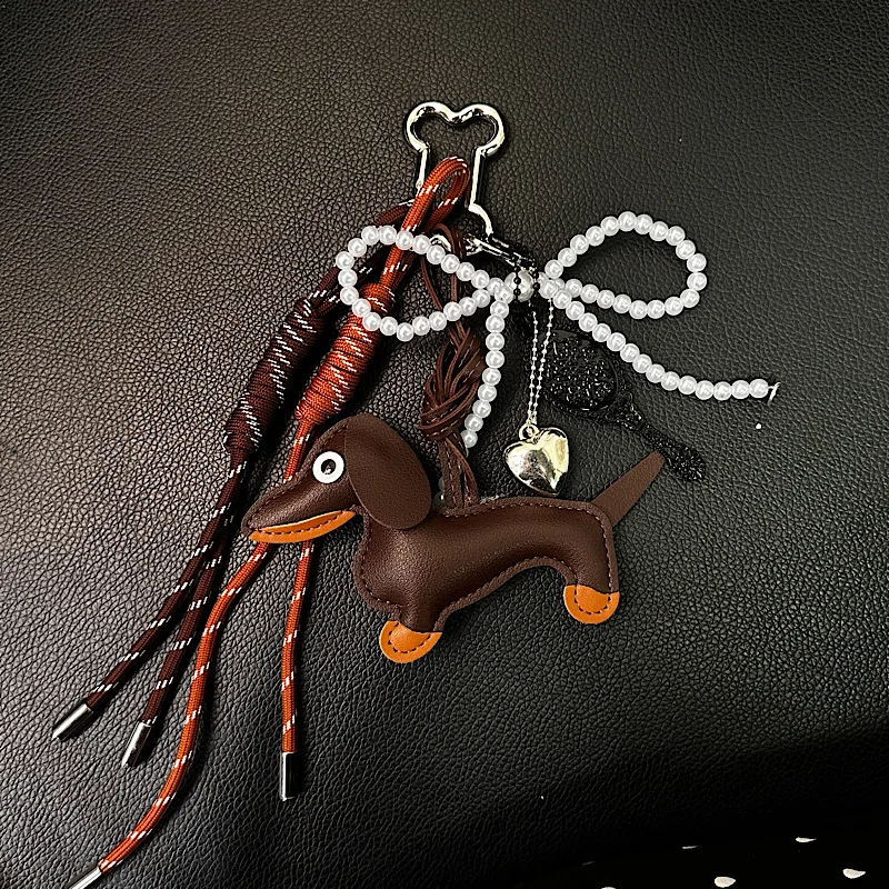 Vintage Maillard Color Cute Sausage Dog Bag Pendant Korean Ins Style Bow Bag Premium Accessories Hanging Rope