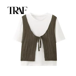 TRAF Women Bow Decoration Casual Patchwork Vest Style T-shirt Top Retro O Neck Short Sleeved Women Pullover Chic Top 5644811