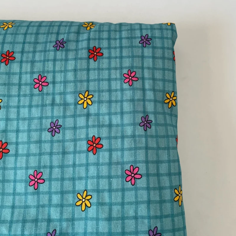 

Cute colorful flower printed blue checkered dark pattern polyester cotton fabric for clothing handmade fabric