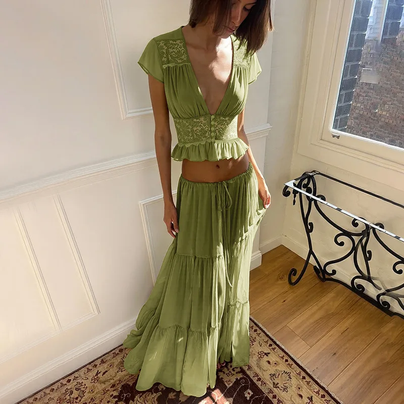 

Short Sleeve Top and Maxi Skirt Lace V Neck Sexy Dress Casual Wear for Women Summer Fashion Chiffon Skirt Set 2 Piece Outfit