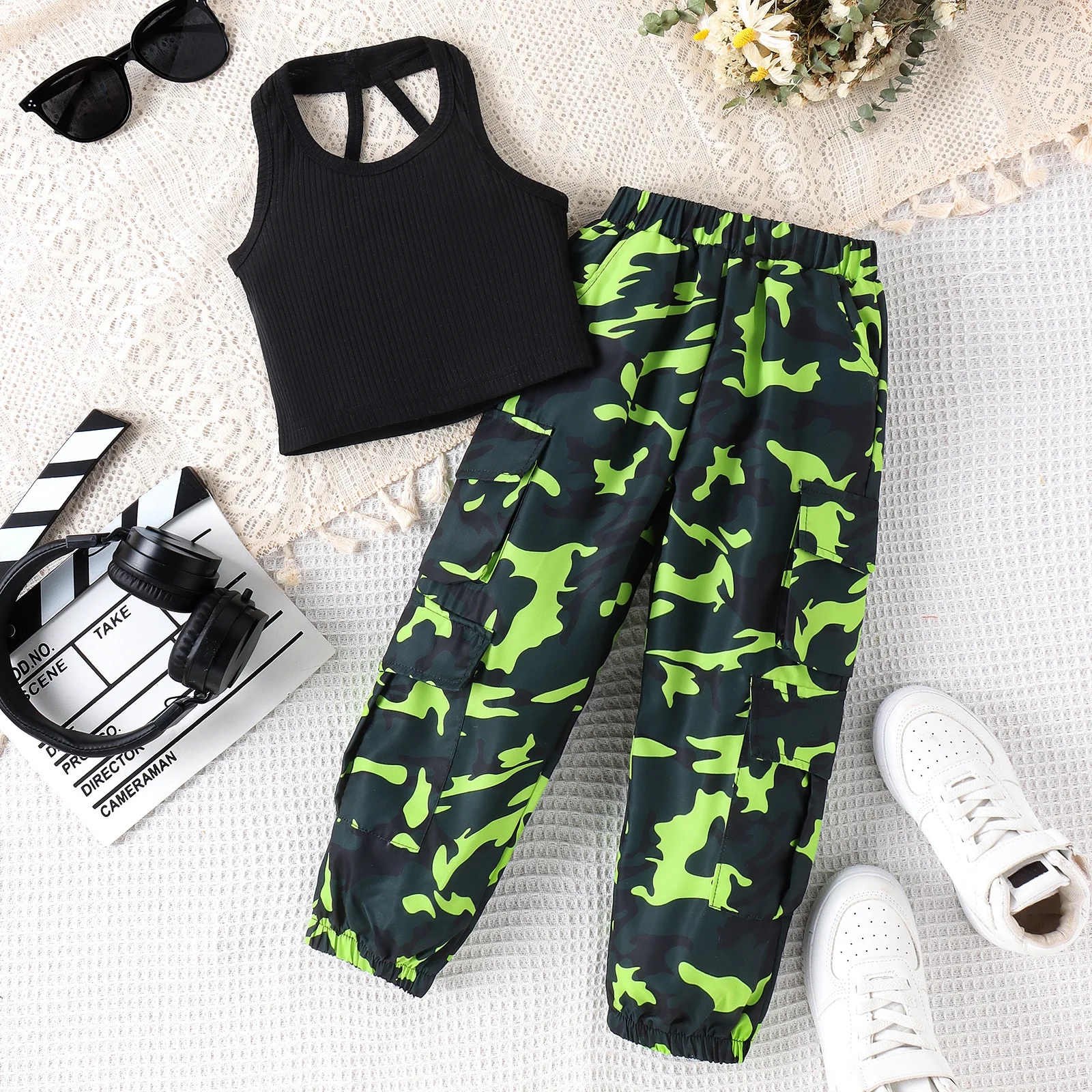 Summer Toddler Girls Camouflage Cargo Pants Set Ribbed Halter Neck Sleeveless Top with Backless Design for 4-7Y