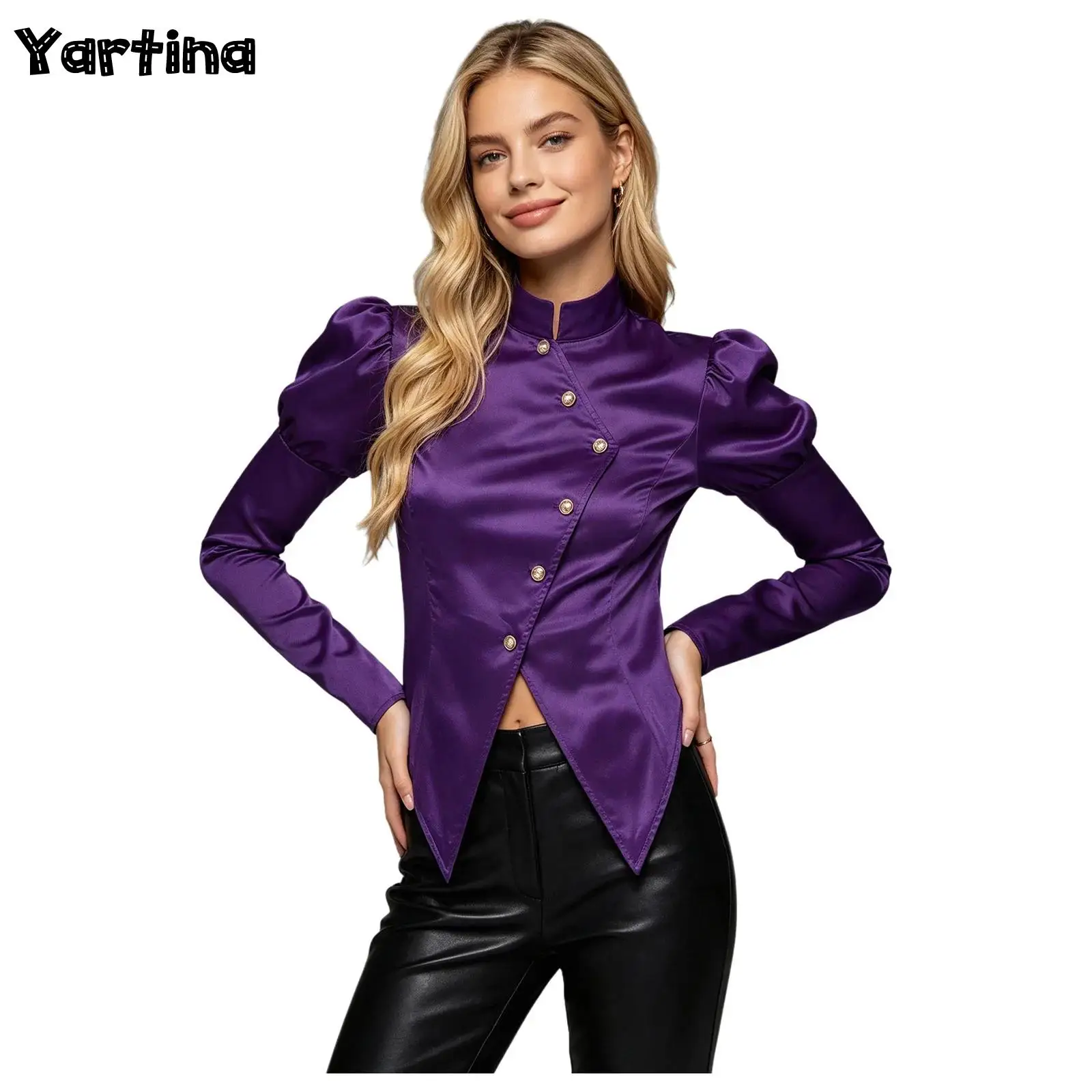 Womens Stand Collar Long Puff Sleeves Blouse Victorian Tops Button Circus Show Satin Blazer Xmas Party Circus Ringmaste Costume