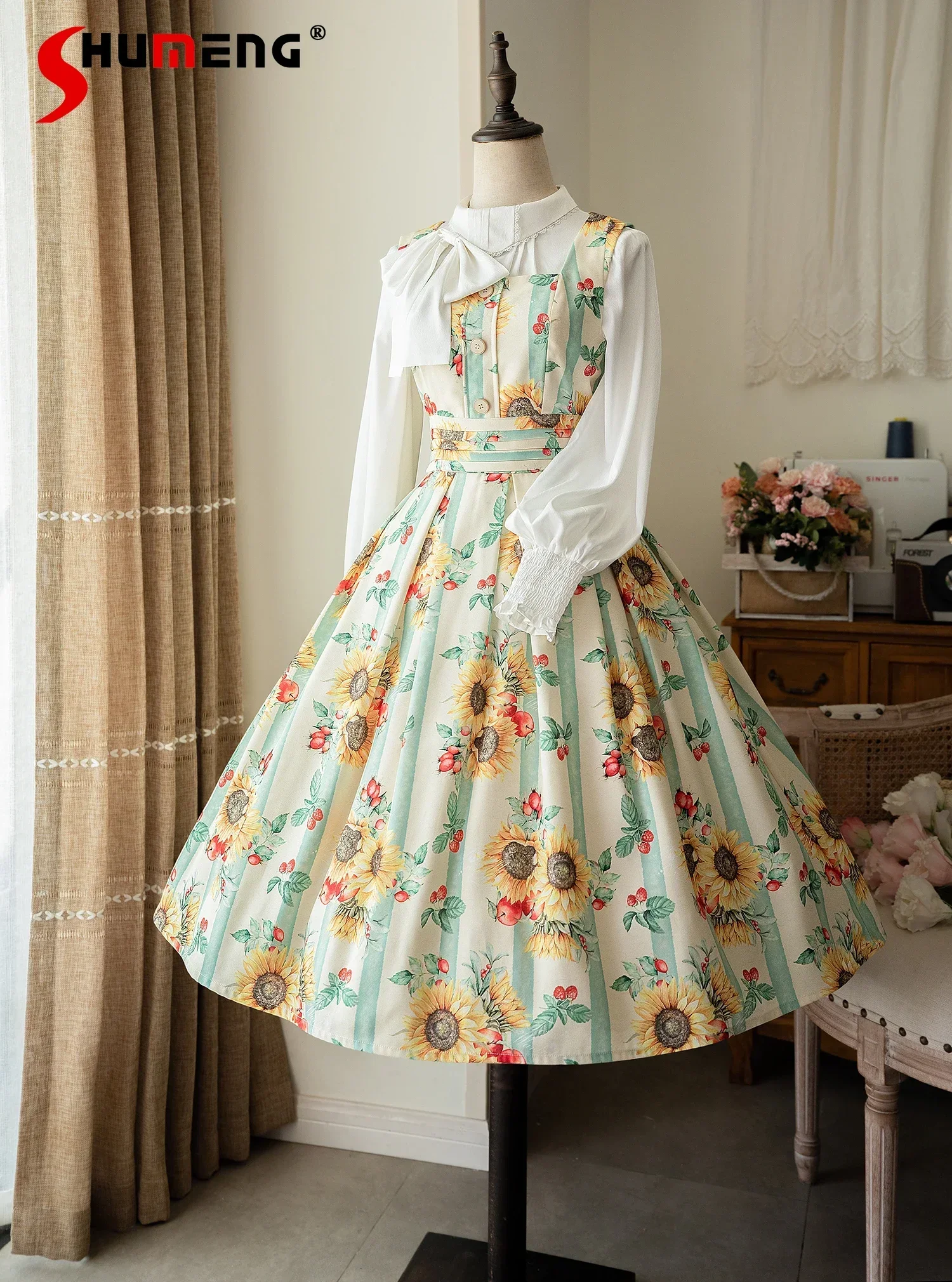 Original Autumn Winter Retro Classical Elegant Dress Girl Sweet High Waist Slim Printed Lolita Dress Jsk White Inside Shirt Tops