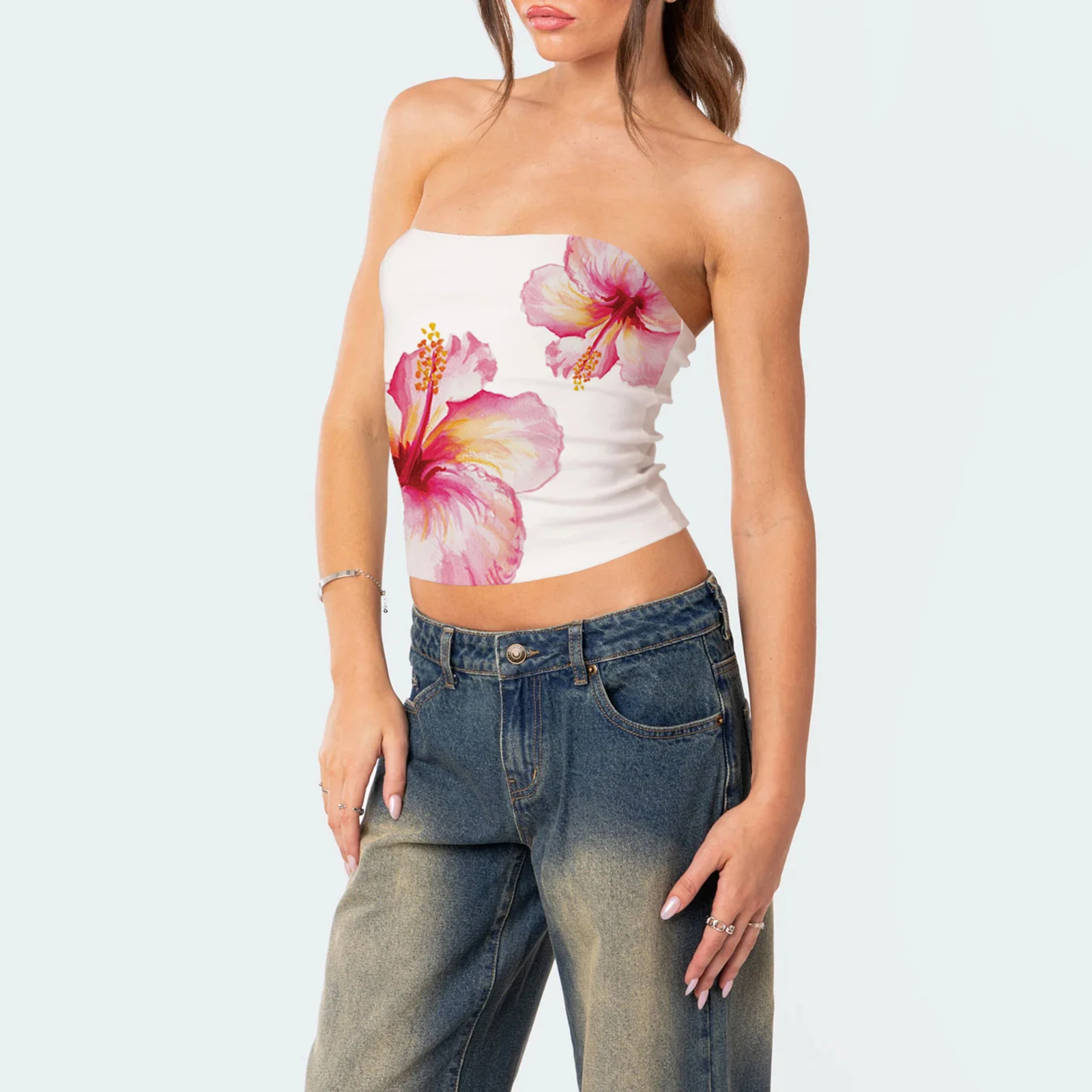 여성용 스트랩리스 탱크 탑, 여성용 릴리 프린트 슬림 튜브 탑, 플라워 패턴 방도, 배꼽 셔츠 스트리트웨어