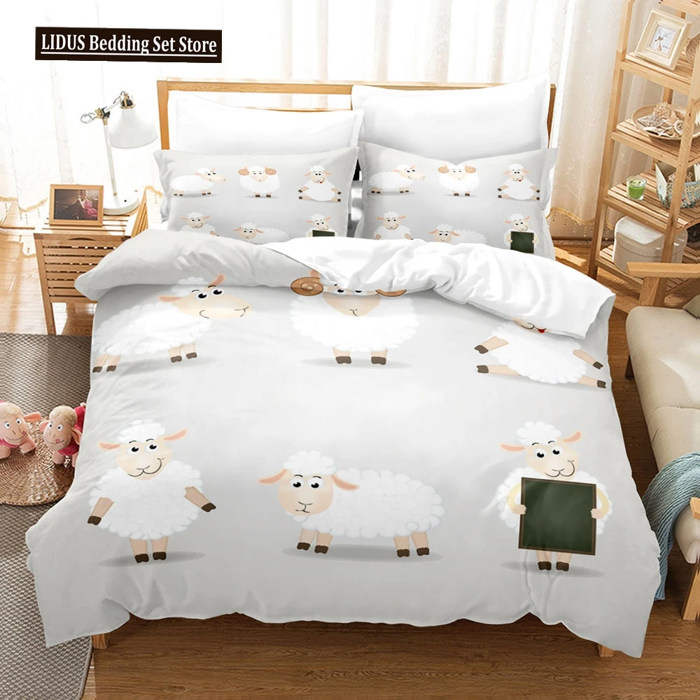 

Animal Duvet Cover Set Cartoon White Sheep Theme Pattern Kawaii King Queen Twin Full Size For Kids Teens Polyester Bedding Set