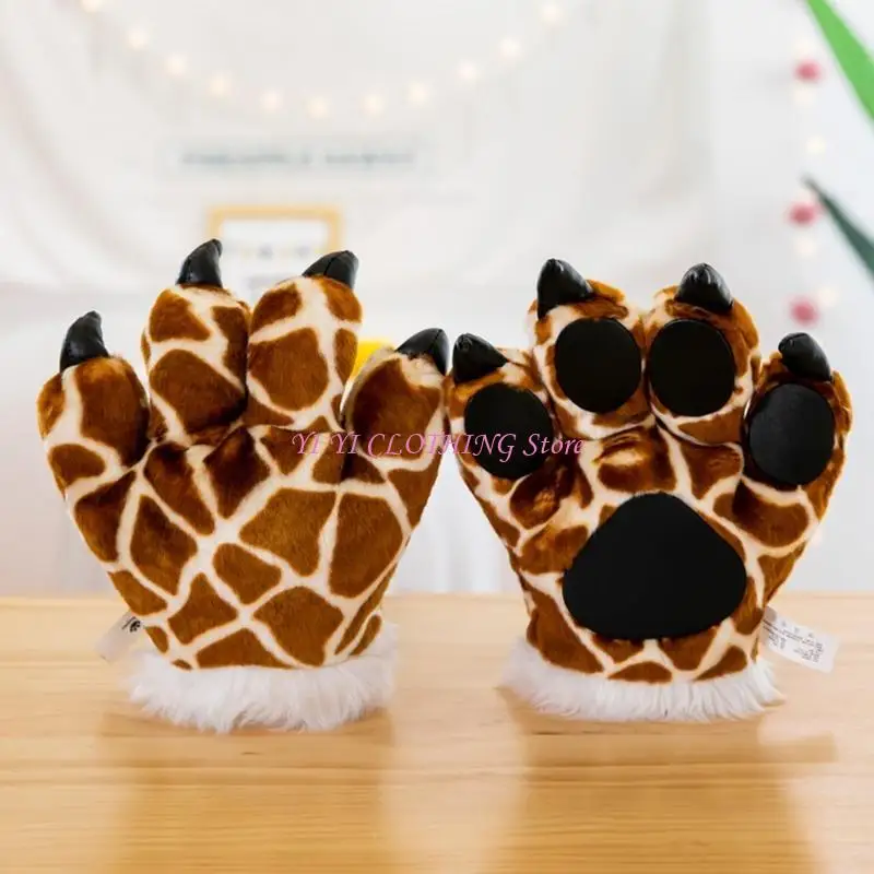 N5KF – gants en peluche patte girafe, 1 paire, jouets en peluche, animaux pelucheux, rembourrés, chauffe-mains, Costume 1