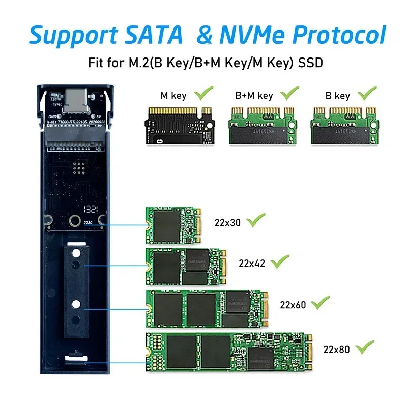 High Speed Aluminum M.2 PCIe NVMe & NGFF SATA Dual Protocol SSD Enclosure 10Gbps PCIe M2 SSD M Key Solid State Drive Case