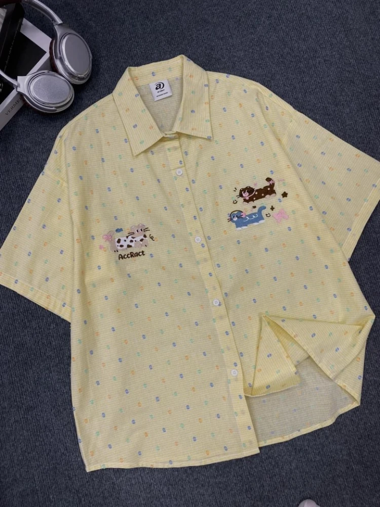 Japanese Sweet Cat Embroidered Loose Fit Short Sleeve Tops Women's Cute Dopamine Polka Dot Turn Down Collar Shirt Summer Casual