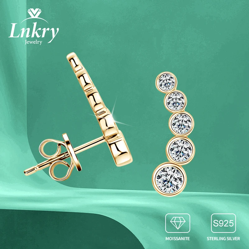 Lnkry One Row Bezel Moissanite Climber Earrings For Women Real 925 Sterling Silver Stud Earring Pass Diamond Test Ear Jewelry