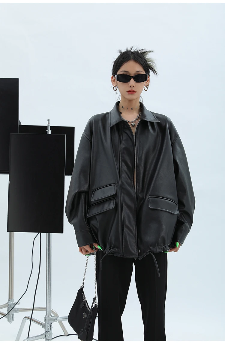 Lautaro Spring Autumn Oversized Casual Waterproof Black Soft Pu Leather Jacket Women with Drop Shoulder Long Sleeve Fashion 2022