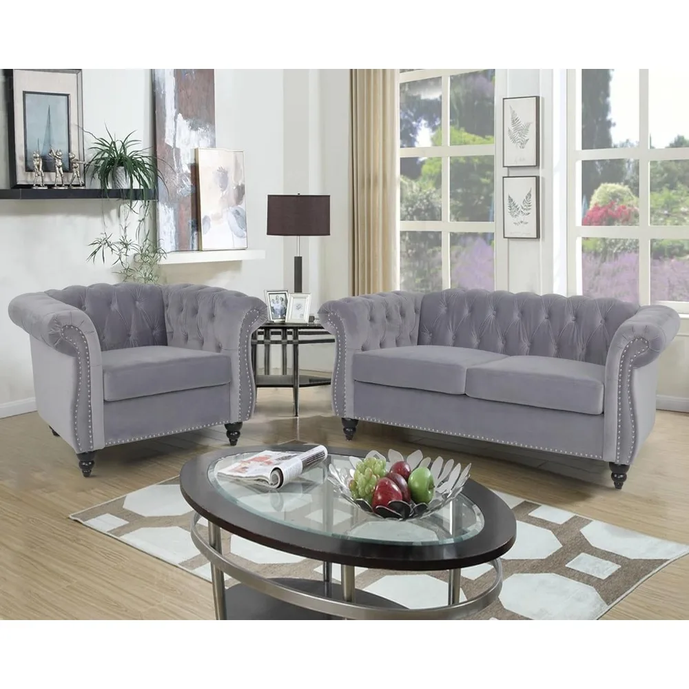 Velvet Sofa Couch, Tufted Back Chesterfield Settee Sofas with Nailhead Trim Scroll Arms for Living Room Apartment