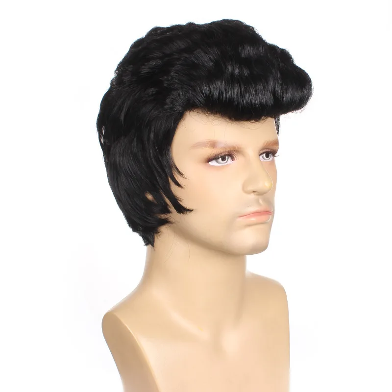 الفيس شعر مستعار تأثيري نظارات الدعائم 50s روك ليجند روك ستار المغني الفيس شعر أسود الرجال زي الباروكات لحزب الهالوين تأثيري