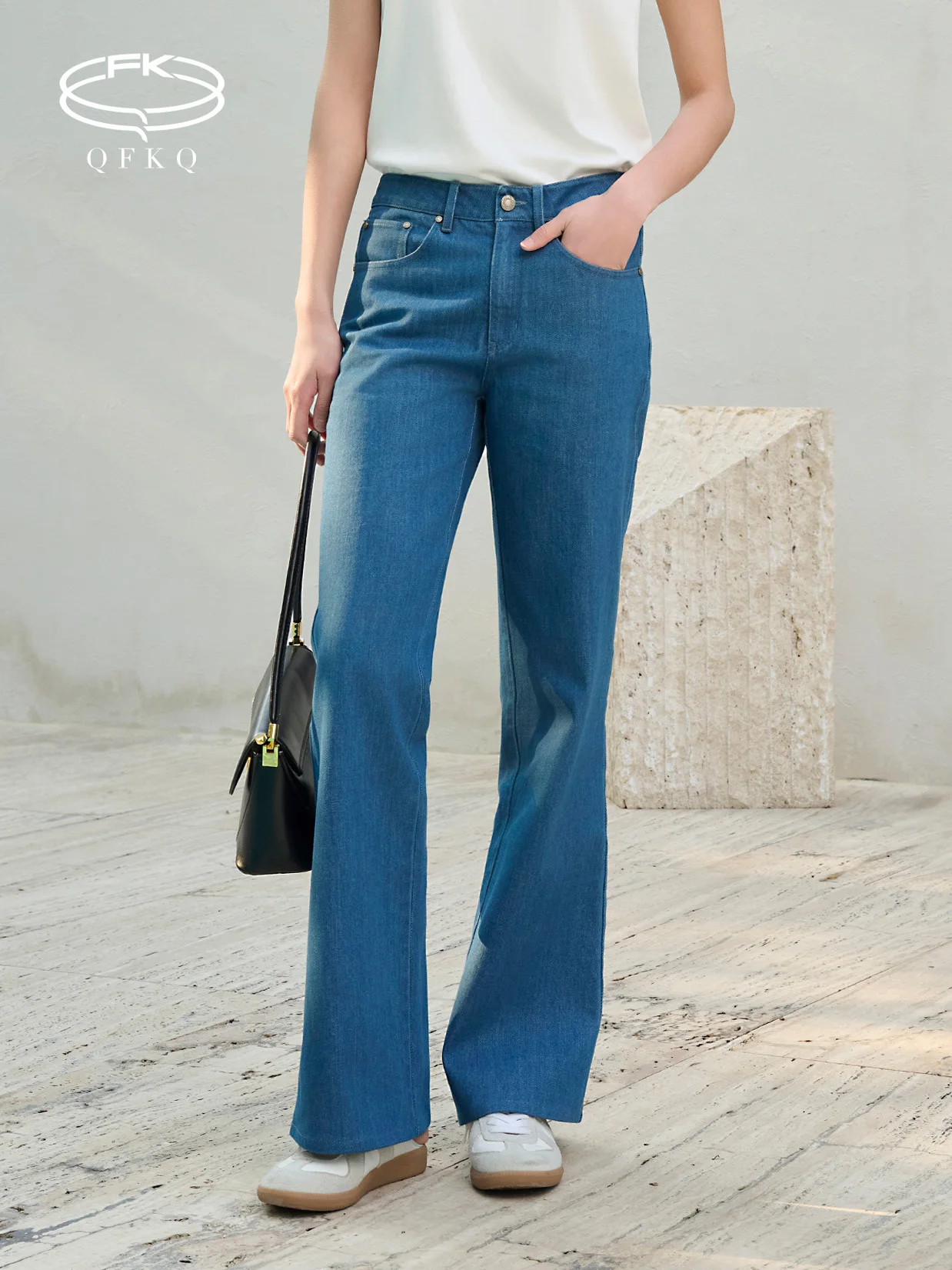 

QFKQ Retro High Waist Bell Bot Jeans Lazy Sensation High Elastici Cotton Acetate Silk Glossy Slimming Summer New Sle