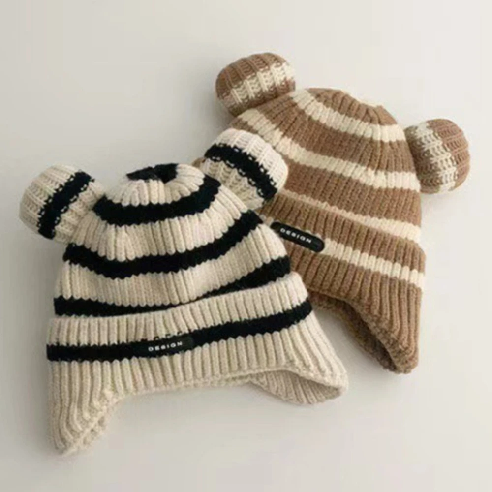 Cappello lavorato a maglia per bambini Paraorecchie invernale a strisce di gatto Morbido e caldo cappello a vento per il tempo libero Prodotti per bambini Regalo di compleanno unisex