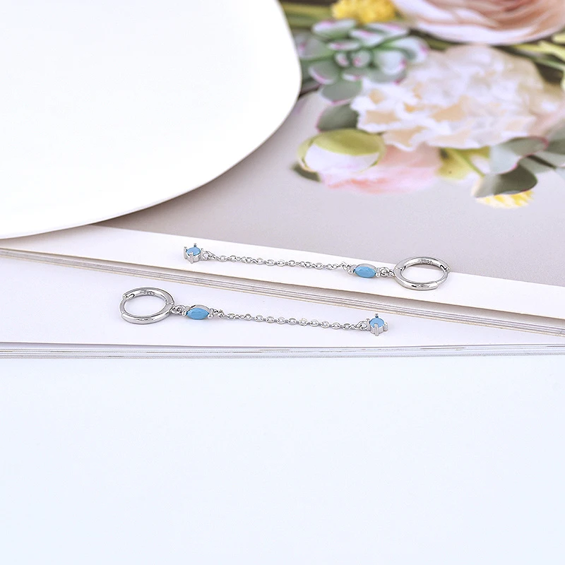925 Sterling Silver Needle Exquisite Turquoise Silver Earrings for Women Blue Crystal Geometry Pendant Earrings Luxury Jewelry