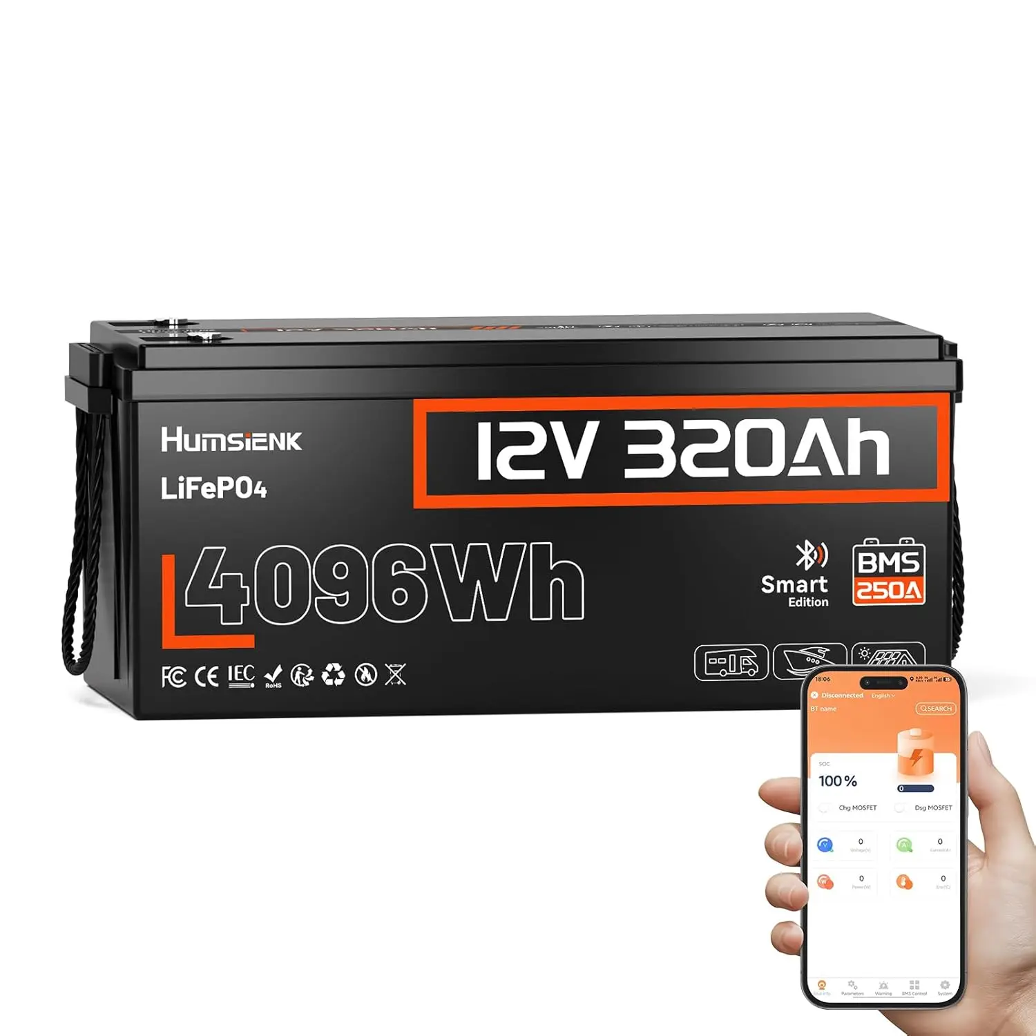 

Литиевая батарея LiFePO4 12В 320Ач с Bluetooth, BMS 250А, 15000 циклов, IP65, защита от низких температур, 4096Втч, для автодомов, автономных систем, лодок, солнечных батарей, на заказ