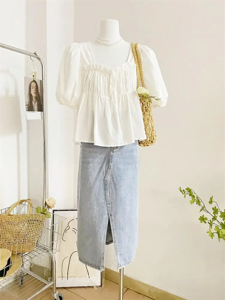 Sweet Blouses Women Summer Folds Designed Vintage Office Lady Leisure Baggy All-match Literary Chic Popular French Style