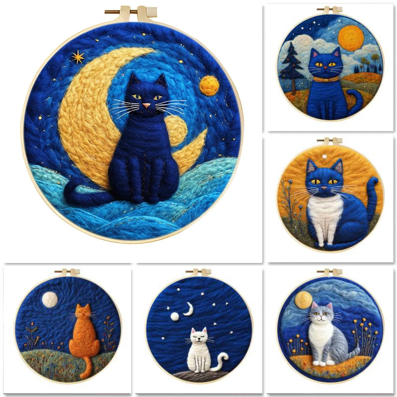 

GATYZTORY Needle Felting Painting Kits Adult DIY Wool Needle Felting Starter Kit Moon Cat Scenery Craft Painting Gift