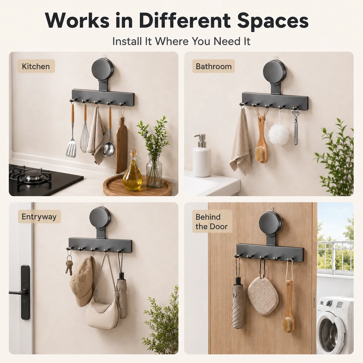 Suction Cup Wall Hook Rack No Drilling ABS Waterproof 3/5 Hooks for Kitchen Bathroom Towel Utensil Storage image 4