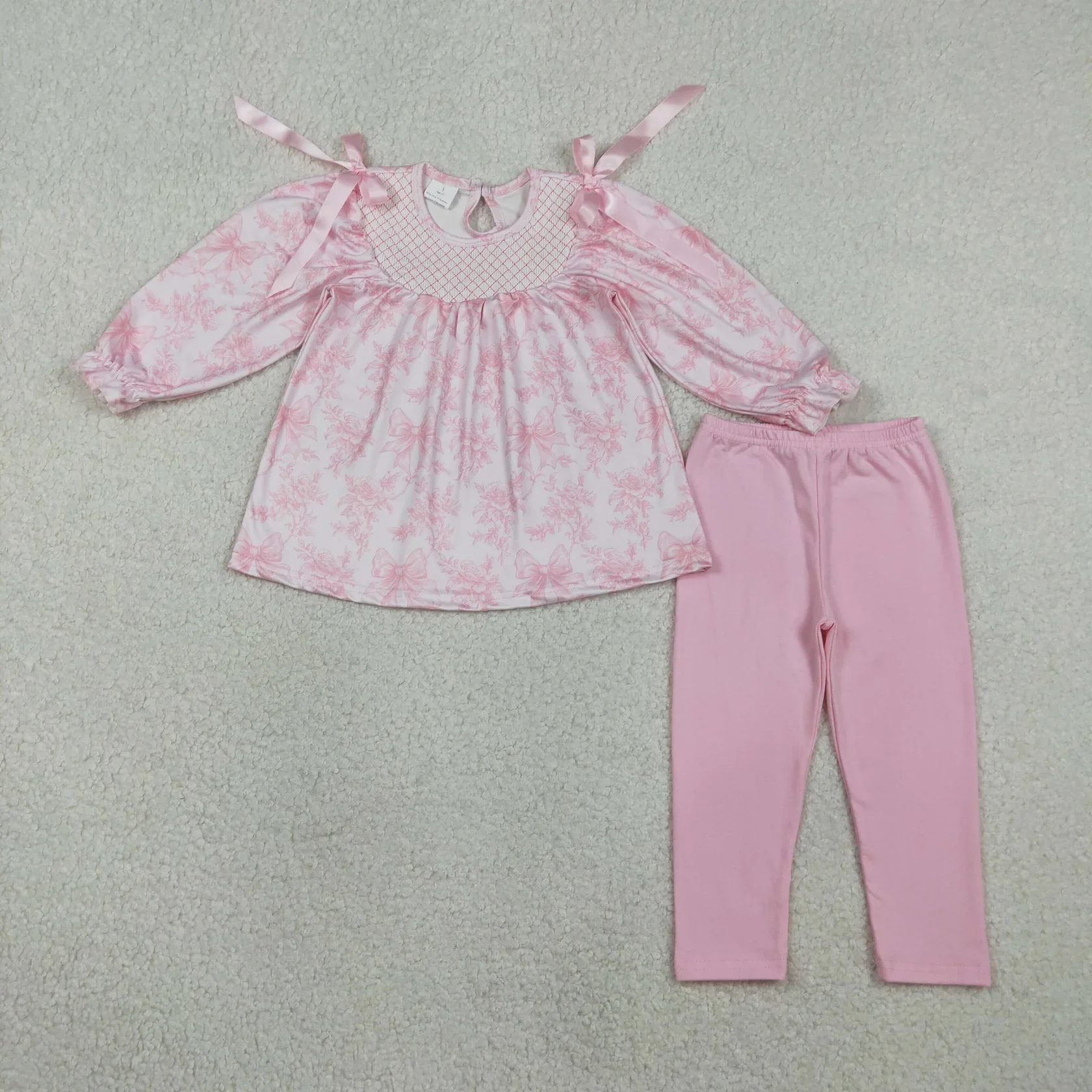 Wholesale Children Long Sleeves Outfit Kids Baby Girl Embroidery Plaid Bows Flower Tunic Leggings Pants Girls Children Set