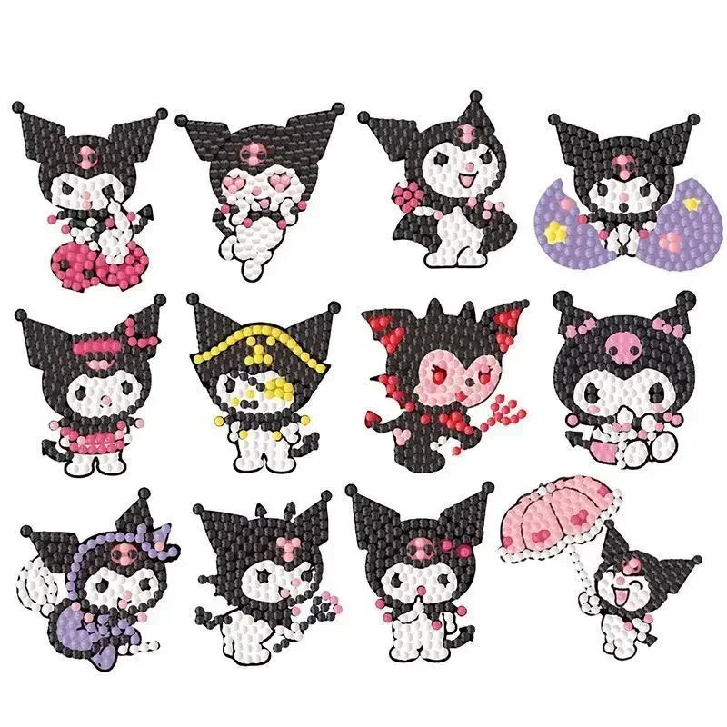 12 pçs crianças sanrio kuromi cinnamoroll pintura diamante adesivo conjunto 5d diy tema dos desenhos animados adesivo kit de desenho de acordo com os números