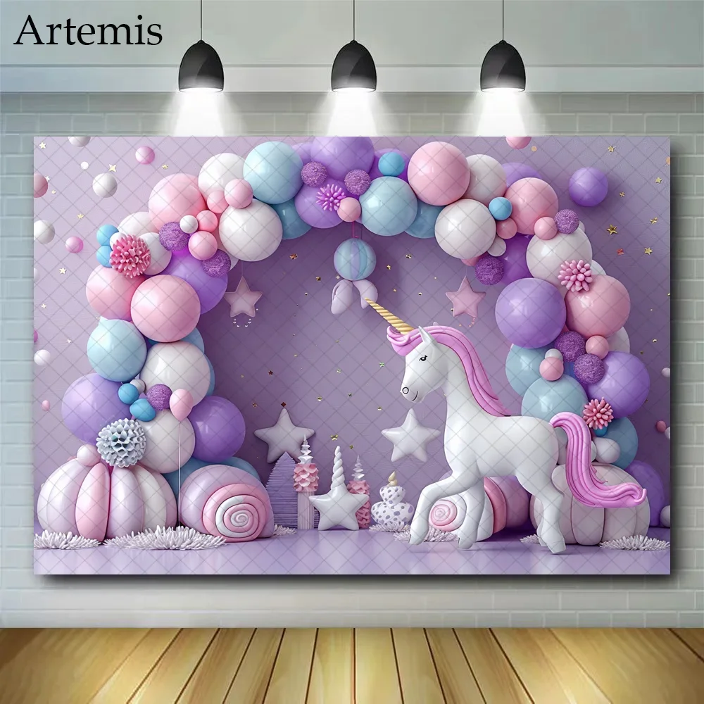 

Unicorn Balloon Arch Photography Background Candy House Dreamland Child Girl Birthday Portrait Cake Smash Backdrops Photo Studio