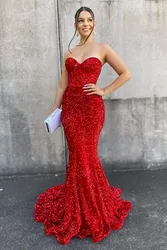 Red Evening Dresses Mermaid Sequined Sparkly High Slit Sexy Formal Party Backless Corset Wedding Prom Gowns Custom made