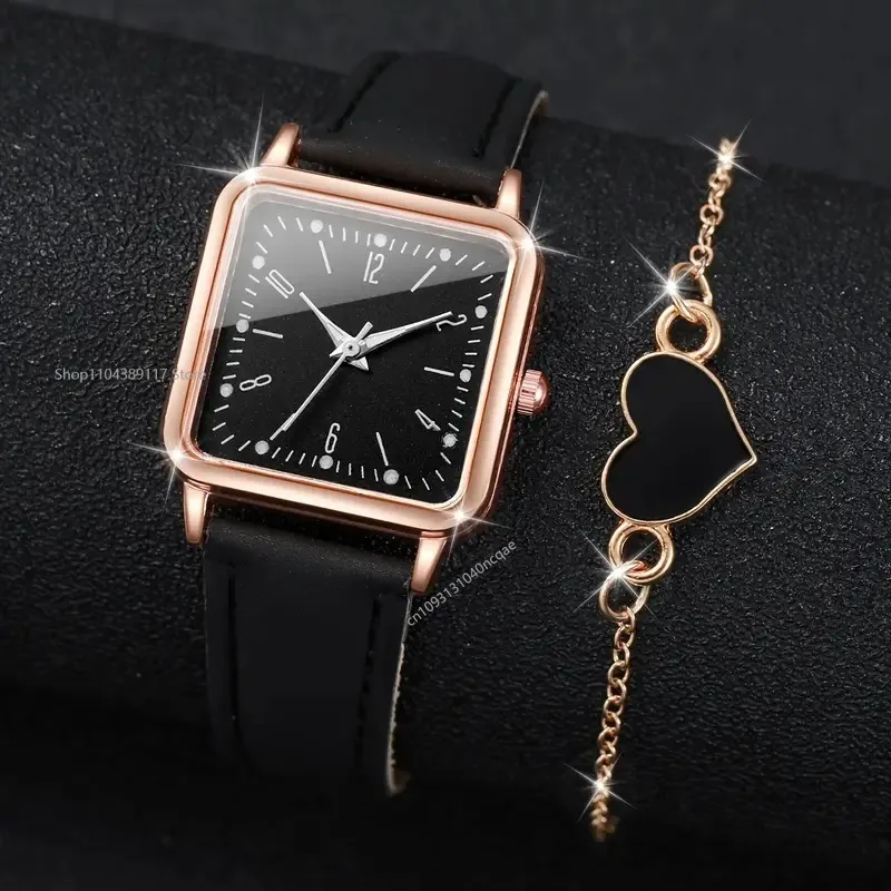 2/4 шт. модные квадратные женские часы с кожаным ремешком, кварцевые часы, набор браслетов в форме сердца, Reloj Mujer (без коробки)
