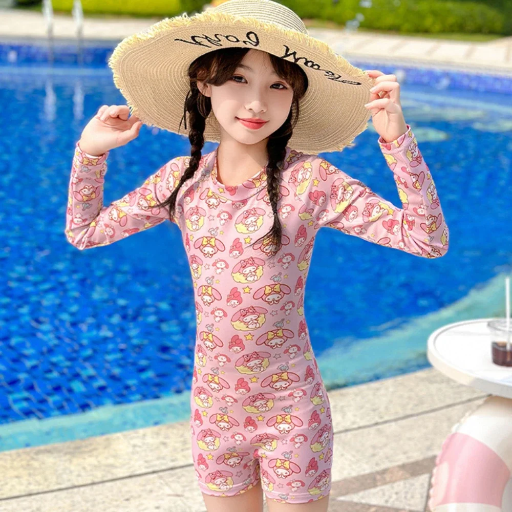 Kawaii My Melody Kid One-piece Swimsuit Sanrio Anime Girl Fashion 2024 New Summer Bathing Suit Long Sleeve Swimwear