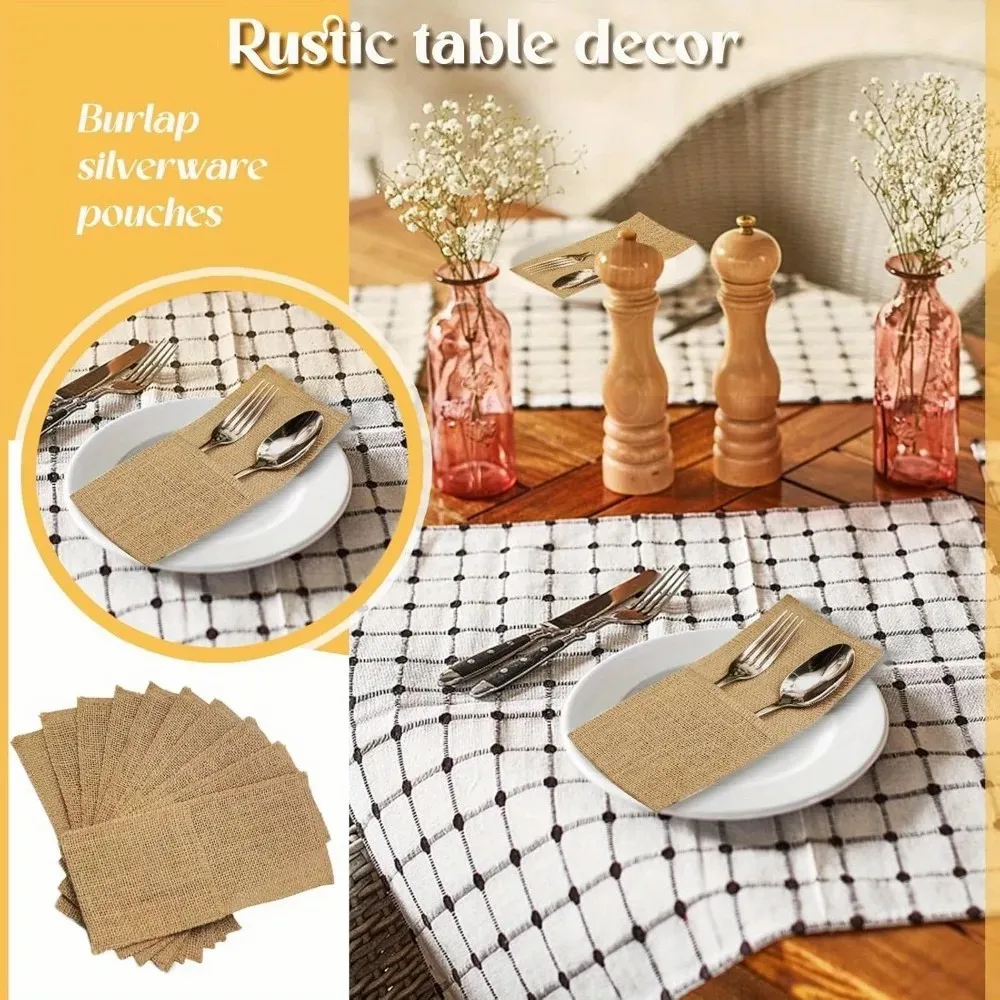 5pcs Natural Jute Cutlery Pouches Burlap Cutlery Pouch Supplies Holder Bag Wedding Party Table Decoration Silverware Holder Bag