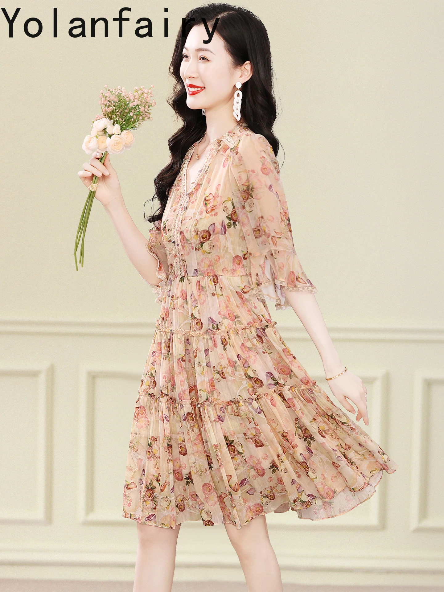 YOLANFAIRY 70% الكتان 30% التوت فستان حريري الصيف الملابس النسائية فستان زهري أنيق مضيئة كم فساتين الموضة امرأة