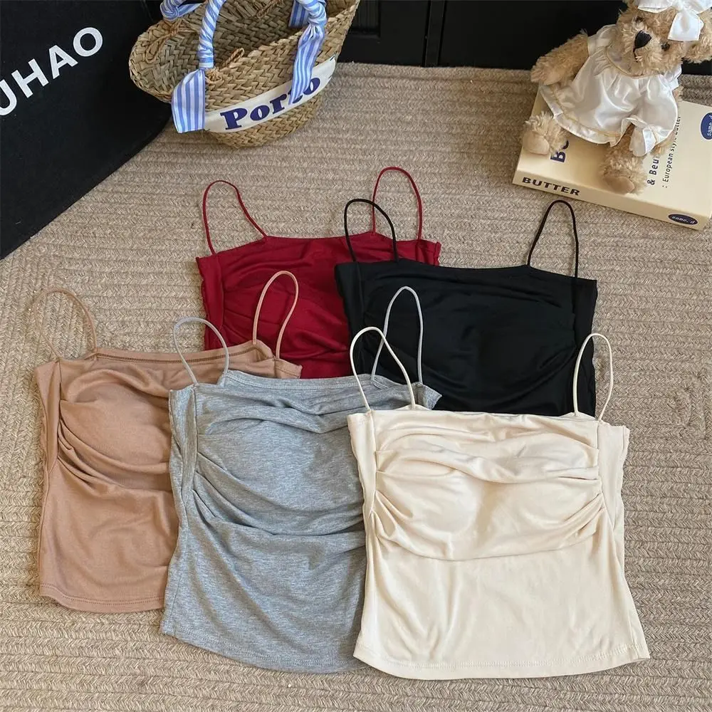 

Solid Color Seamless Camisole Vest Pleats Design Slim Fit Bra with Pads Camisole Elastic Korean Style Skinny Crop Tops Women