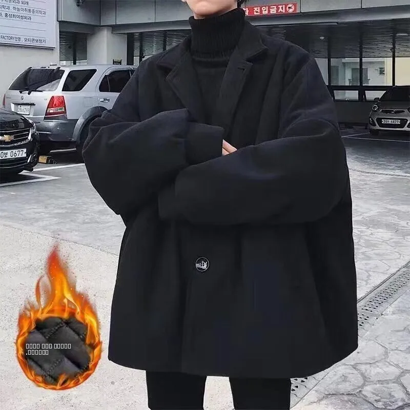 

Briti Sle Korean Version Men's Woolen Coat Autumn Winter Mid-Length Loose Cotton Thiened Warm Bla Outerwear Trendy