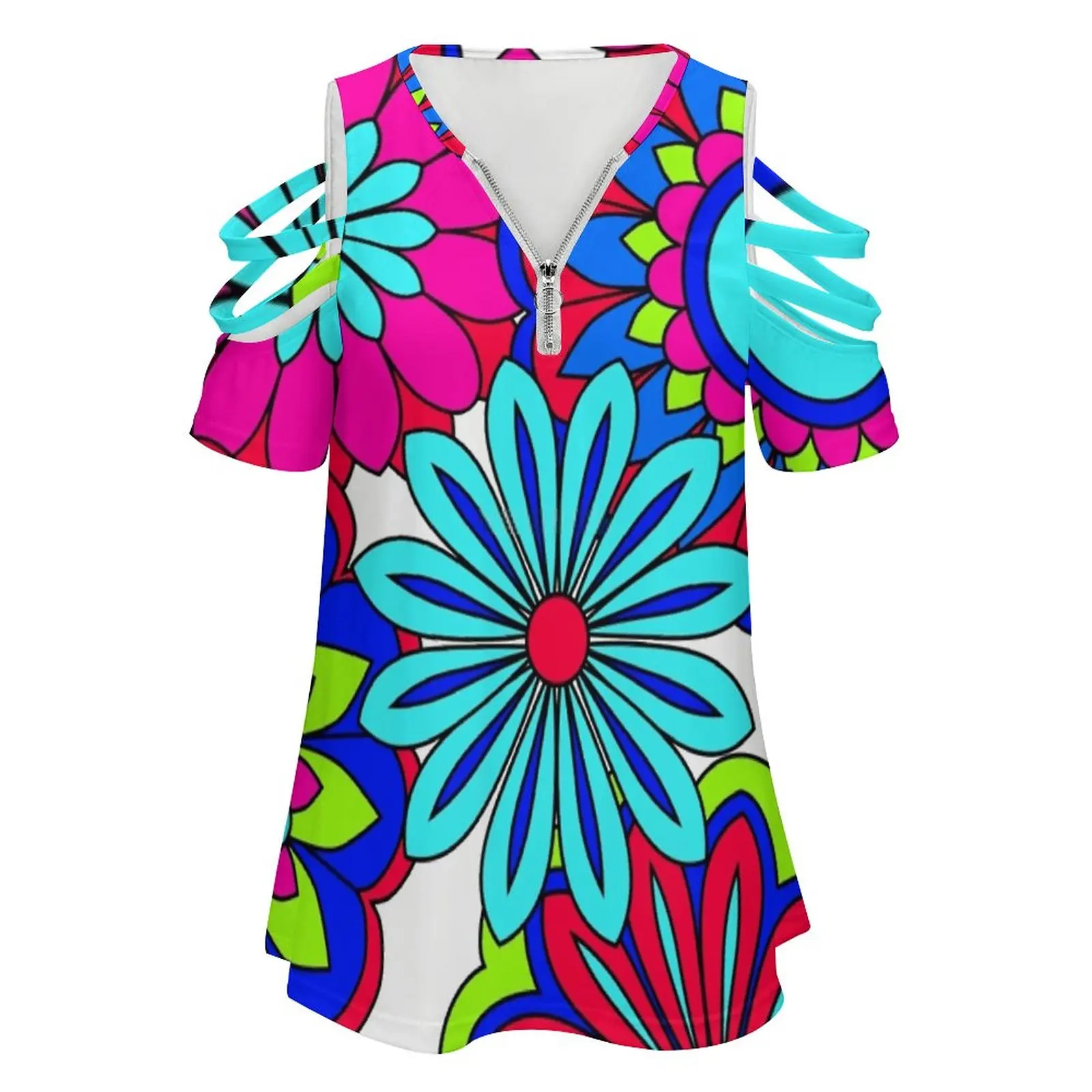 Pretty Petals Flower Power Pattern New Fashion Zip Off Shoulder Top Short-Sleeve Women Shirt Flower Power Hippy Hippie Swinging