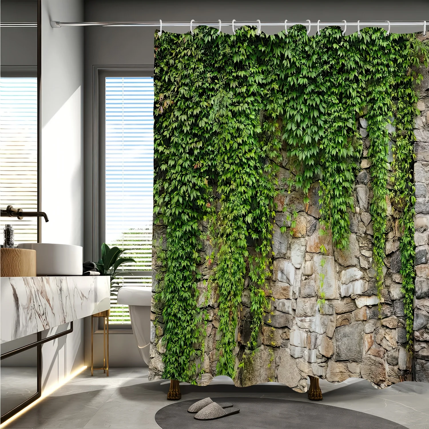 Tirai Mandi Tahan Air Dinding Batu dengan Ivy untuk Dekorasi Kamar Mandi, Desain Terinspirasi Alam, Warna Cerah, Gaya Unik