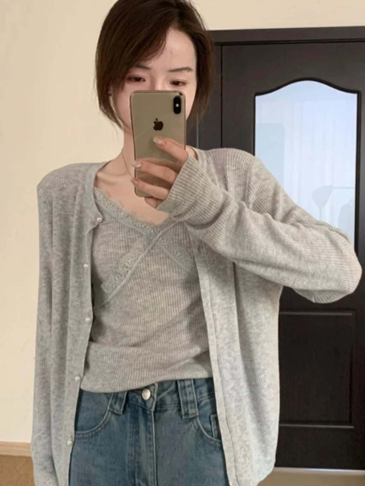 

Вязаный кружевной комплект из двух предметов V-Ne, женский весенне-осенний корейский кардиган в стиле ретро, открытый топ, облегающий длинный све